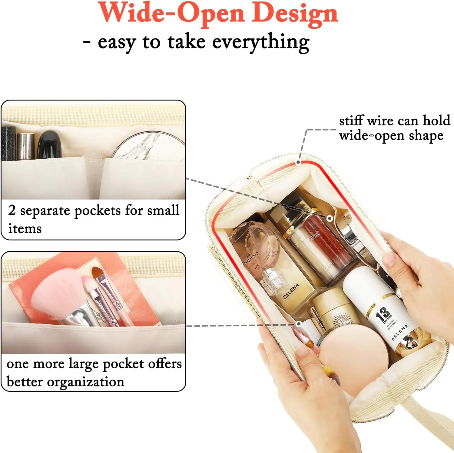 Travel Makeup Bag, Wide-open Cosmetic Bag Make Up Organizer Case with Brushes Pocket for Women, Large Family Toiletry Bag Skincare Pouch for Toiletries Accessories
