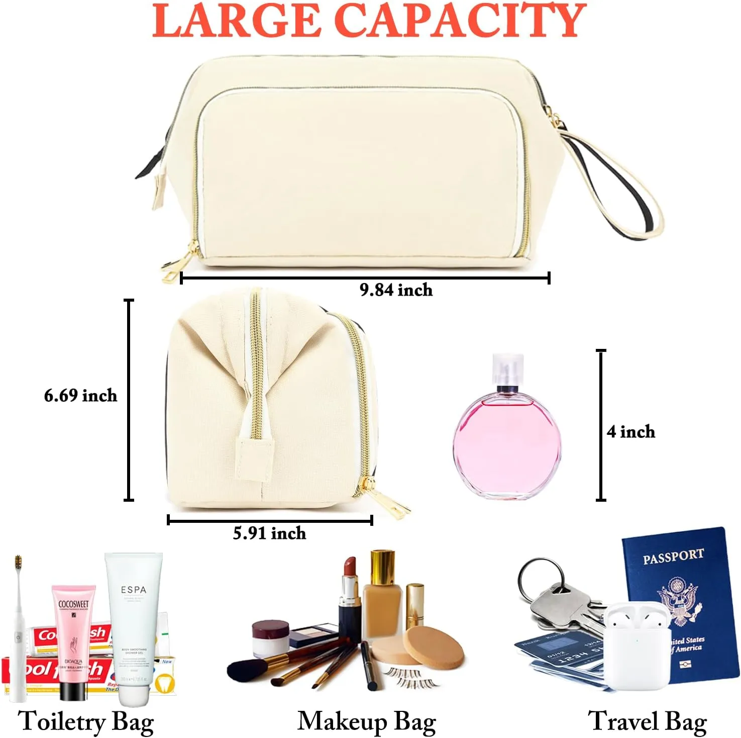 Travel Makeup Bag, Wide-open Cosmetic Bag Make Up Organizer Case with Brushes Pocket for Women, Large Family Toiletry Bag Skincare Pouch for Toiletries Accessories