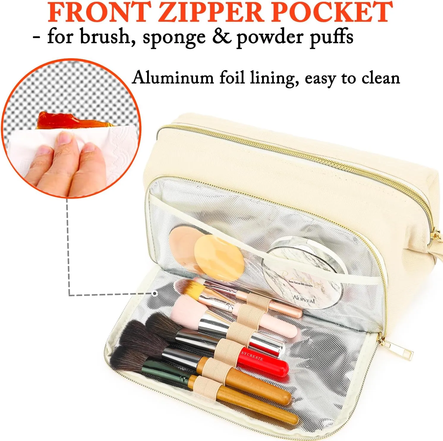 Travel Makeup Bag, Wide-open Cosmetic Bag Make Up Organizer Case with Brushes Pocket for Women, Large Family Toiletry Bag Skincare Pouch for Toiletries Accessories