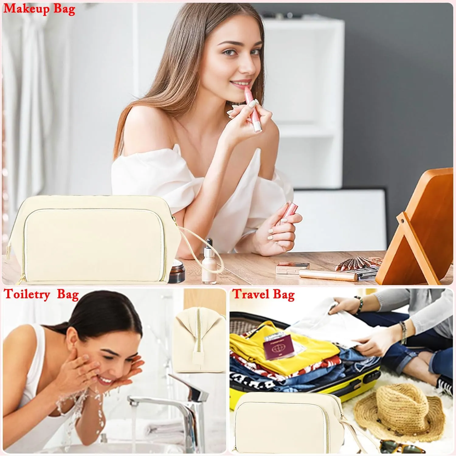 Travel Makeup Bag, Wide-open Cosmetic Bag Make Up Organizer Case with Brushes Pocket for Women, Large Family Toiletry Bag Skincare Pouch for Toiletries Accessories
