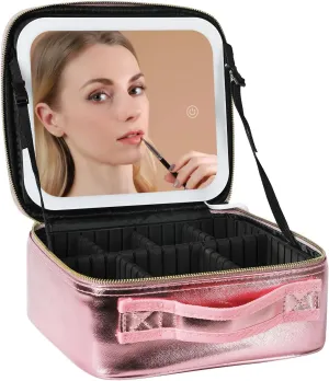 Travel Makeup Bag with LED Lighted Mirror, Cosmetic Makeup Organizer Bag with 3 Color Setting, Makeup Train Case with Adjustable Dividers for Women Makeup Brushes Jewelry Accessories