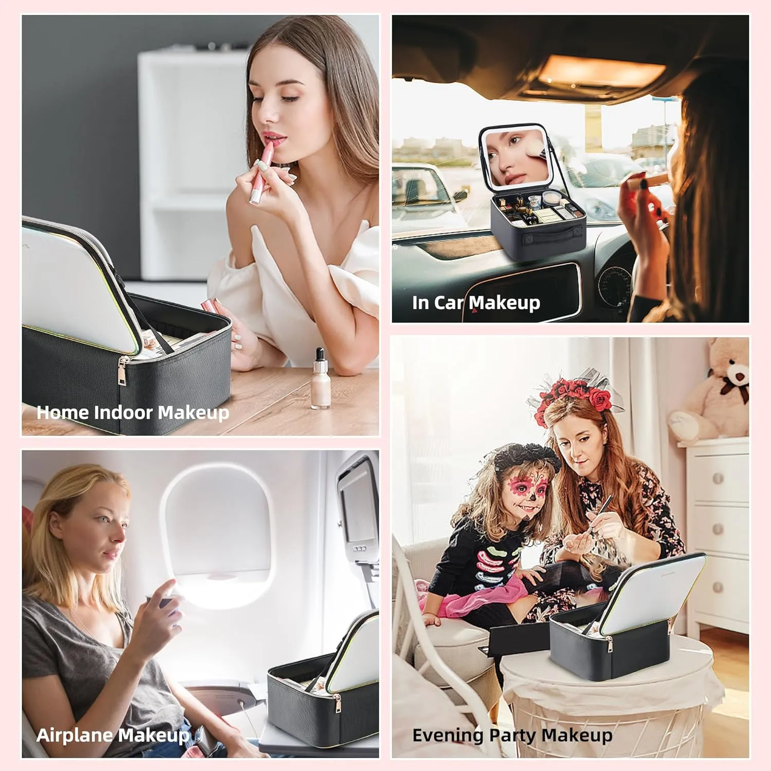 Travel Makeup Bag with LED Mirror – Waterproof Cosmetic Train Case with Adjustable Dividers, Portable Makeup Organizer and Toiletry Bag for Women, Pink Teens & Girls Gift