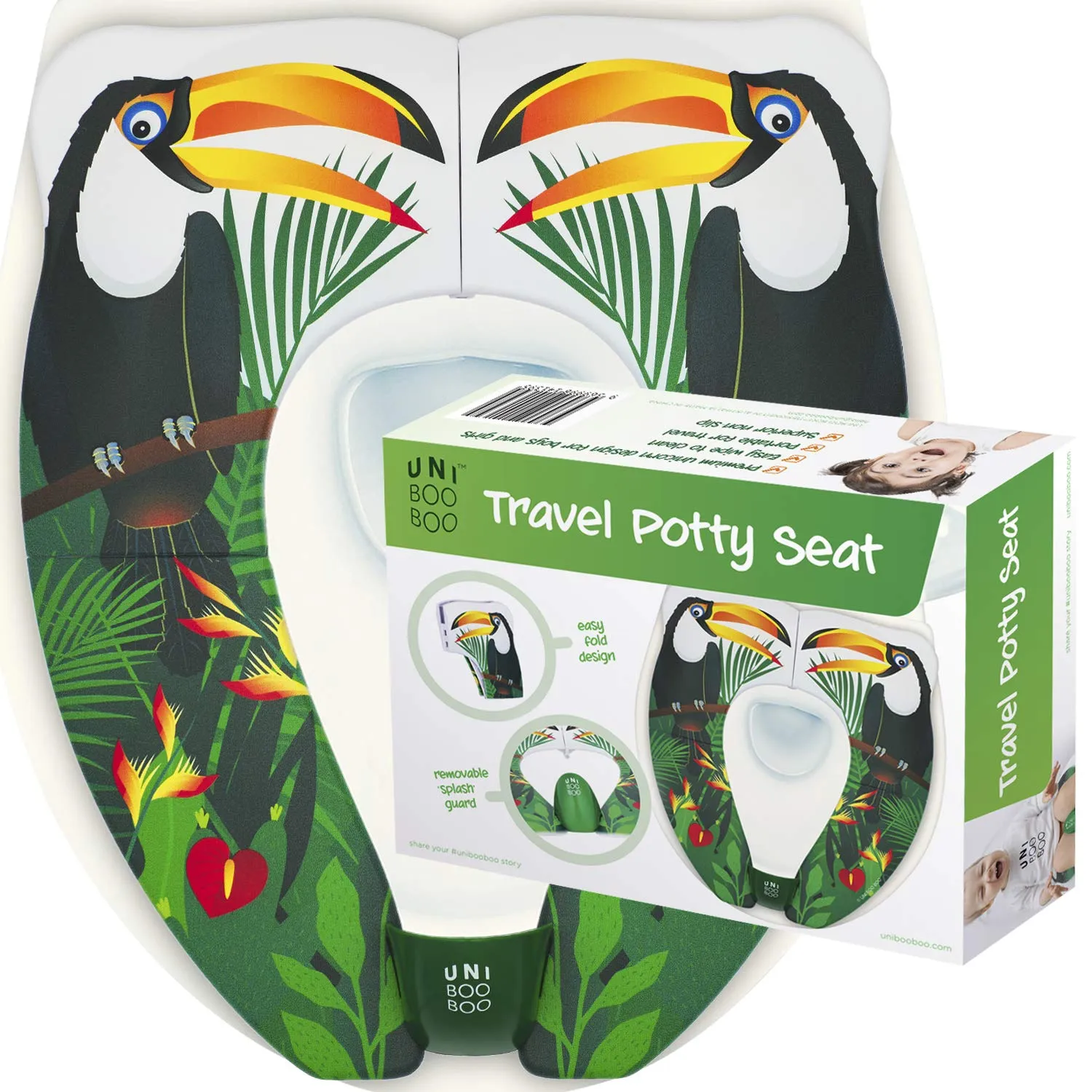 Travel Potty Seat - Portable and Foldable Toddler Kids Toilet Training Seat for All Toilets - with Splash Guard and Rubber Pads - Free Kids Travel Bag for Boys and Girls (Toucan)