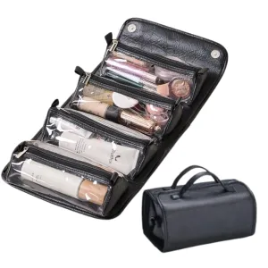 Travel Toiletry Bag 4 Detachable Clear Multi Compartment Hanging Makeup Bag Leather 4 in 1 Roll Up Large Capacity Compact Waterproof Foldable Cosmetic Bag (Black)