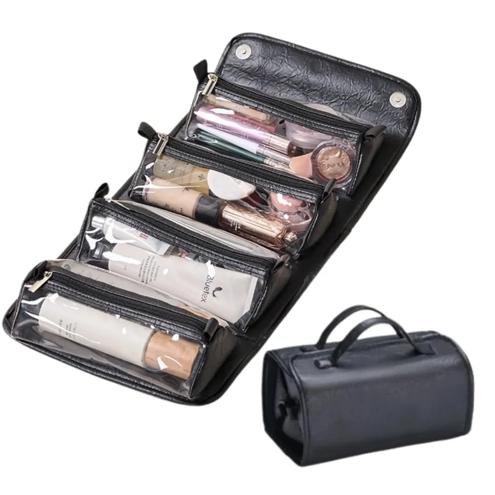 Travel Toiletry Bag 4 Detachable Clear Multi Compartment Hanging Makeup Bag Leather 4 in 1 Roll Up Large Capacity Compact Waterproof Foldable Cosmetic Bag (Black)