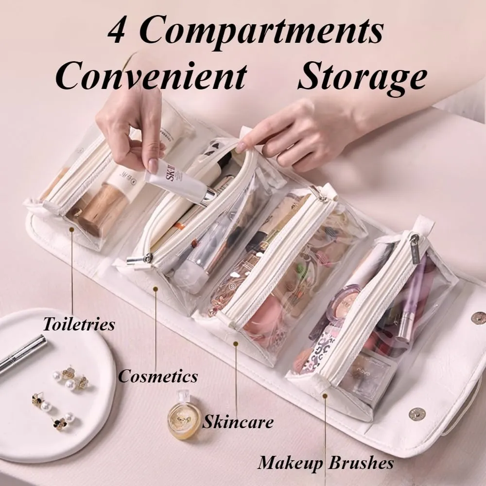 Travel Toiletry Bag 4 Detachable Clear Multi Compartment Hanging Makeup Bag Leather 4 in 1 Roll Up Large Capacity Compact Waterproof Foldable Cosmetic Bag (Black)