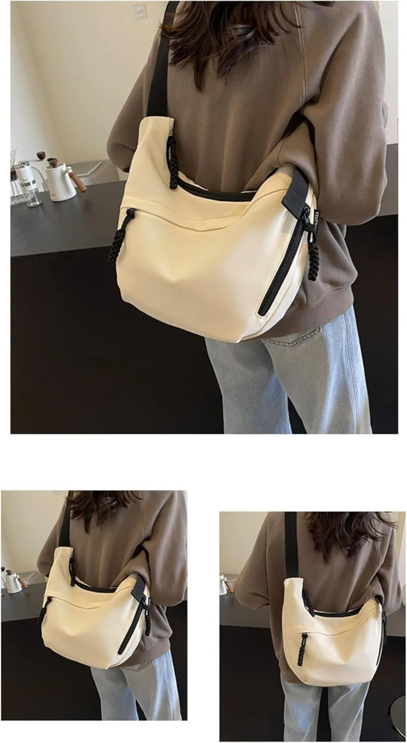 Trendy Crossbody Bag with Adjustable Strap Fashion Half Moon Bag for Outdoor Travel Large Capacity Shoulder Bag for Women (Beige)