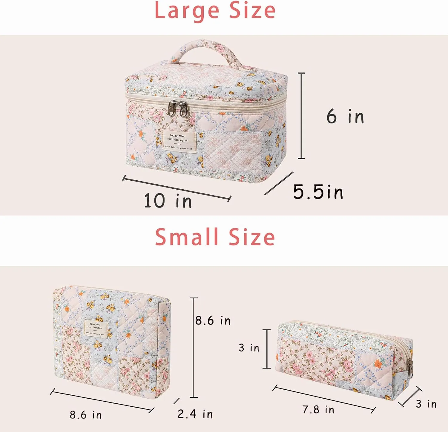 uekeboag 3Pcs Quilted Cotton Makeup Bag,Coquette Quilted Toiletry Bag for Women and Girls,Floral Coquette Pouch,Cute Kawaii Travel Cosmetic Bags(3Pcs pink flower)