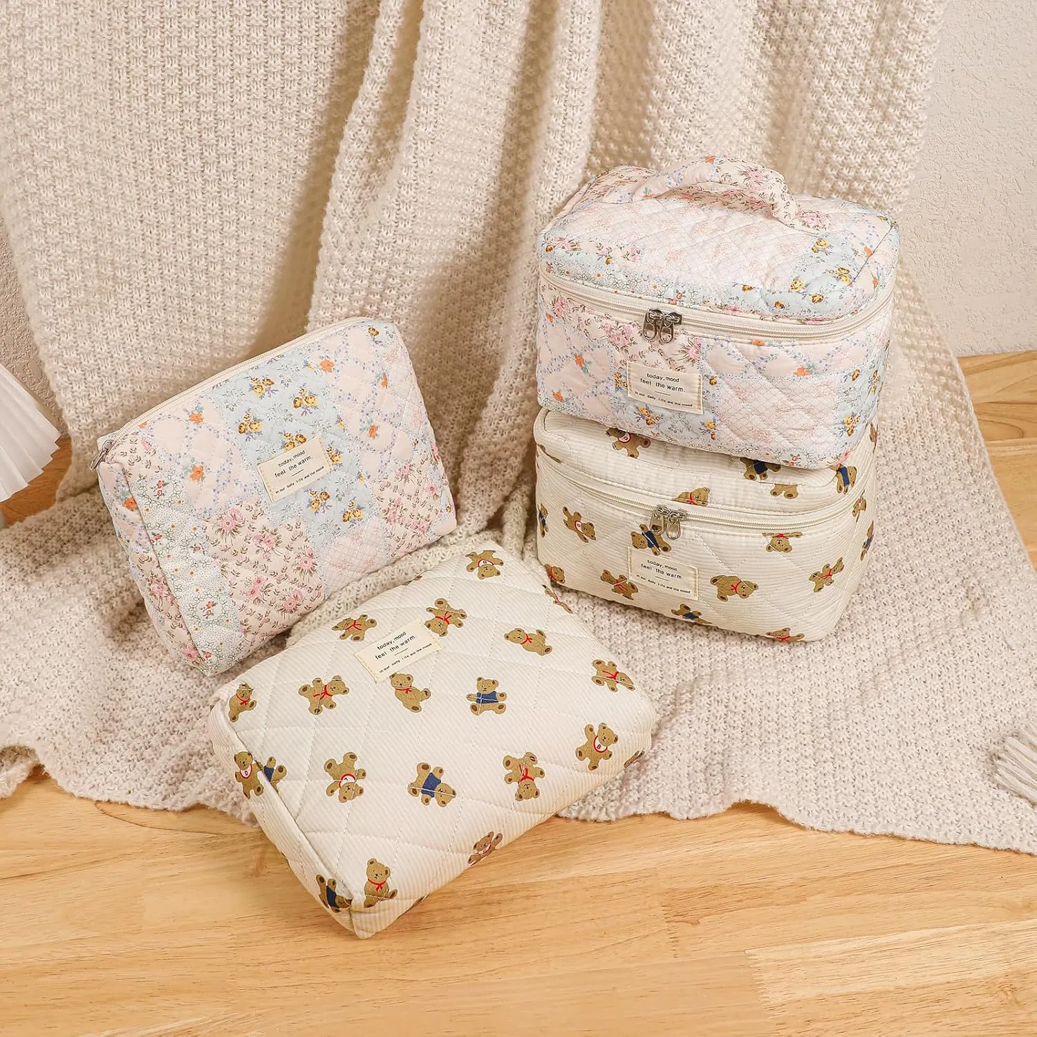 uekeboag 3Pcs Quilted Cotton Makeup Bag,Coquette Quilted Toiletry Bag for Women and Girls,Floral Coquette Pouch,Cute Kawaii Travel Cosmetic Bags(3Pcs pink flower)
