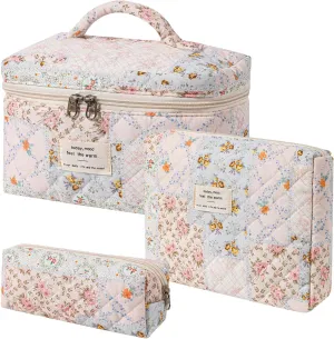 uekeboag 3Pcs Quilted Cotton Makeup Bag,Coquette Quilted Toiletry Bag for Women and Girls,Floral Coquette Pouch,Cute Kawaii Travel Cosmetic Bags(3Pcs pink flower)