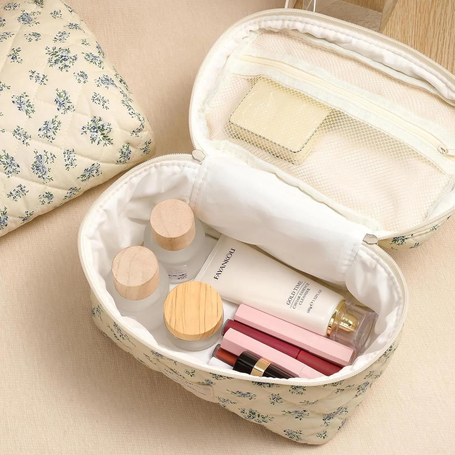 uekeboag 3Pcs Quilted Cotton Makeup Bag,Coquette Quilted Toiletry Bag for Women and Girls,Floral Coquette Pouch,Cute Kawaii Travel Cosmetic Bags(3Pcs pink flower)