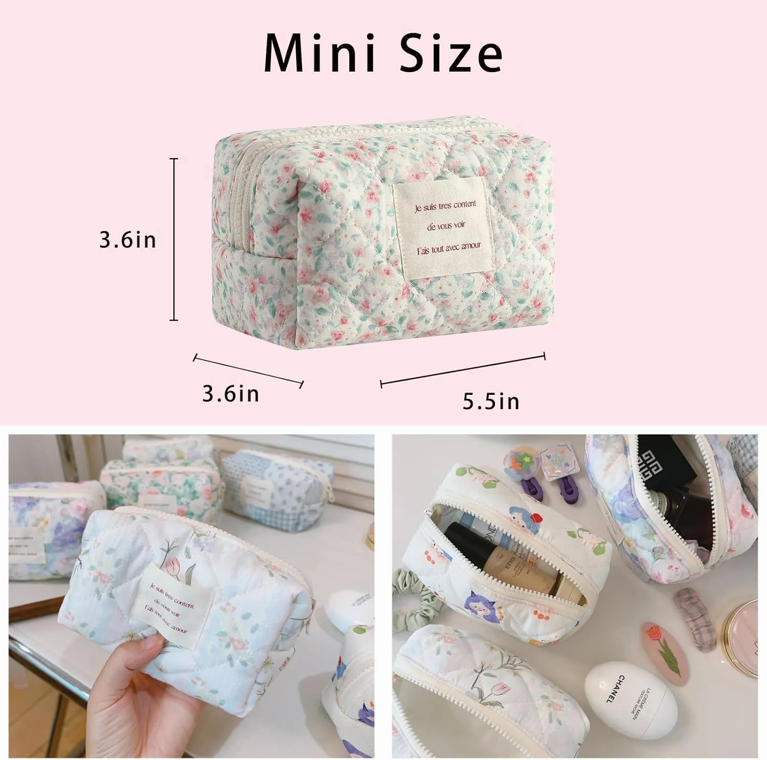 uekeboag Small Cute Floral Quilted Cotton Makeup Bag,Mini Coquette Quilted Cosmetic Pouch with Zipper,Kawaii Travel Toiletry Bags for Purse(03 Little Pink flower)