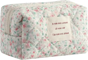 uekeboag Small Cute Floral Quilted Cotton Makeup Bag,Mini Coquette Quilted Cosmetic Pouch with Zipper,Kawaii Travel Toiletry Bags for Purse(03 Little Pink flower)