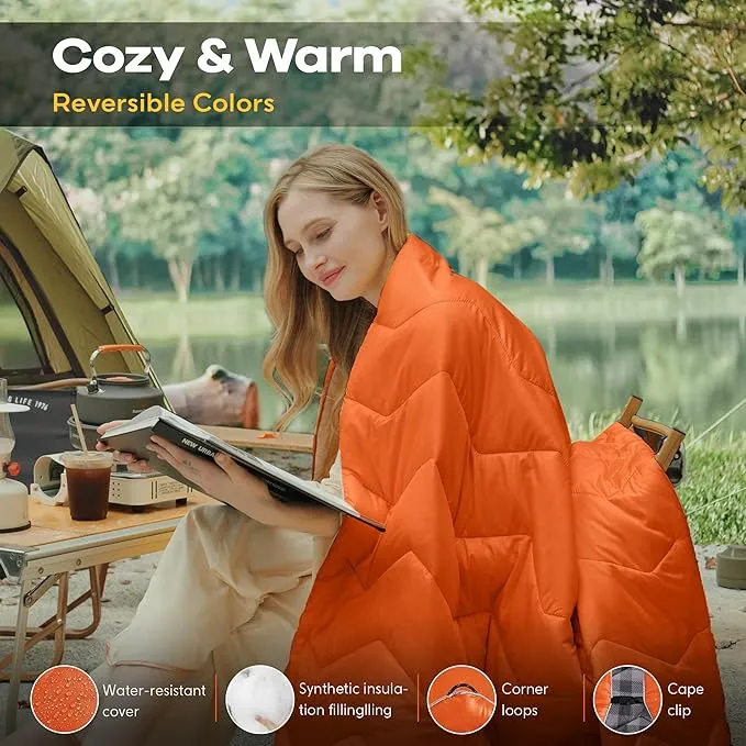 UNIKOME Outdoor Packable Camping Blanket, Lightweight Travel Blanket Waterproof Warm Camping Blanket for Hiking, Camping, Puffy Down Alternative Camping Blanket with Corner Loops, 75"×52", Orange