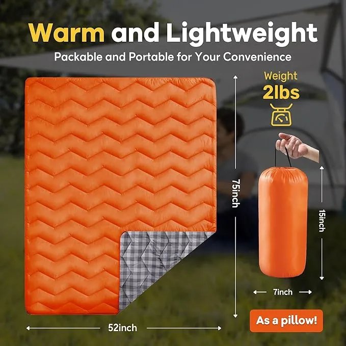 UNIKOME Outdoor Packable Camping Blanket, Lightweight Travel Blanket Waterproof Warm Camping Blanket for Hiking, Camping, Puffy Down Alternative Camping Blanket with Corner Loops, 75"×52", Orange