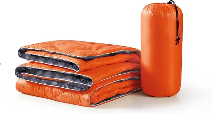 UNIKOME Outdoor Packable Camping Blanket, Lightweight Travel Blanket Waterproof Warm Camping Blanket for Hiking, Camping, Puffy Down Alternative Camping Blanket with Corner Loops, 75"×52", Orange