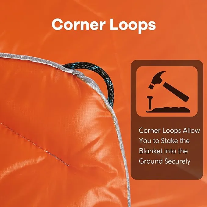 UNIKOME Outdoor Packable Camping Blanket, Lightweight Travel Blanket Waterproof Warm Camping Blanket for Hiking, Camping, Puffy Down Alternative Camping Blanket with Corner Loops, 75"×52", Orange