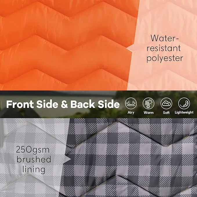 UNIKOME Outdoor Packable Camping Blanket, Lightweight Travel Blanket Waterproof Warm Camping Blanket for Hiking, Camping, Puffy Down Alternative Camping Blanket with Corner Loops, 75"×52", Orange