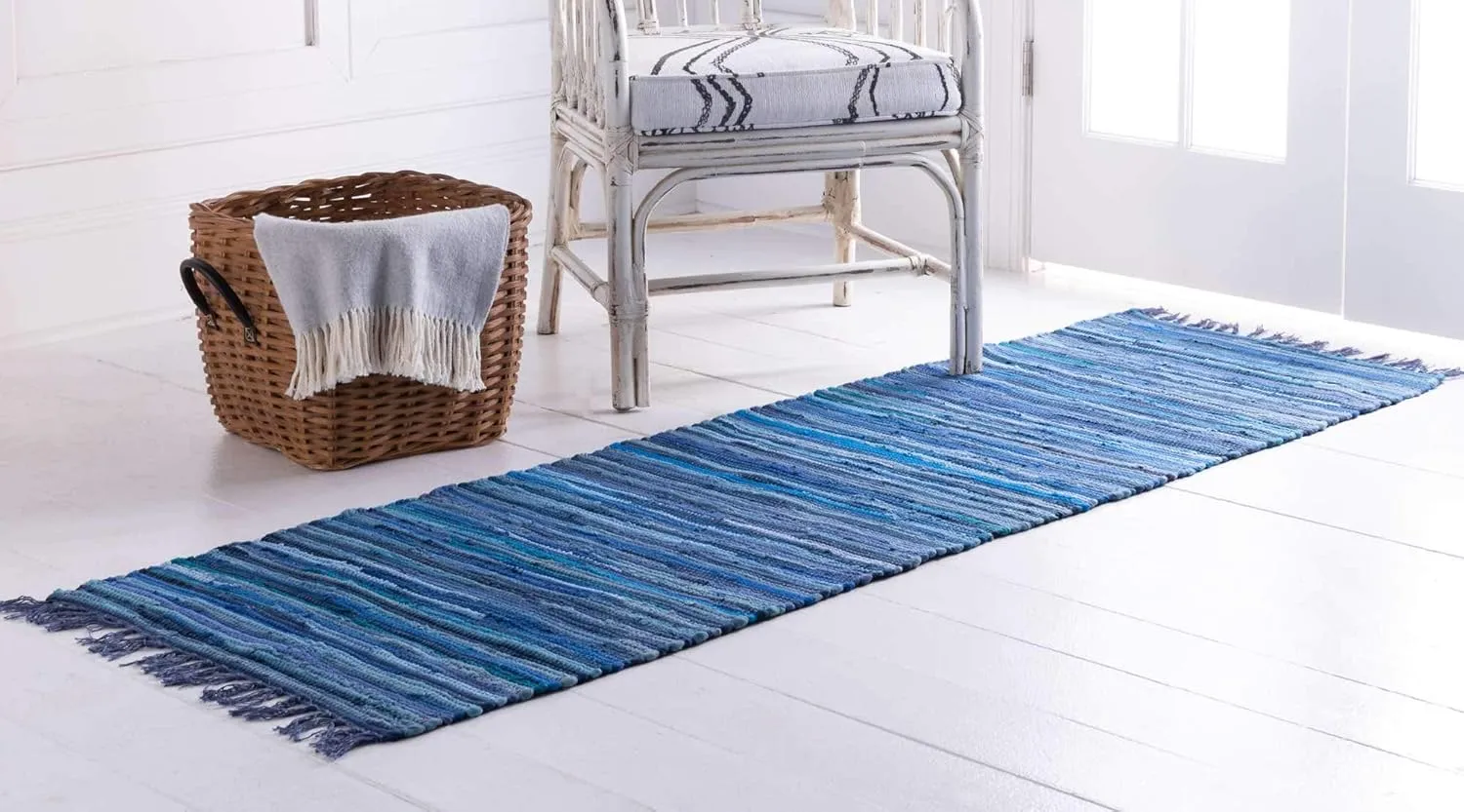 Unique Loom Chindi Cotton Collection Soft Hand Woven Natural Fiber Striped Area Rug, 2 ft 2 in x 6 ft 7 in, Navy Blue/Ivory