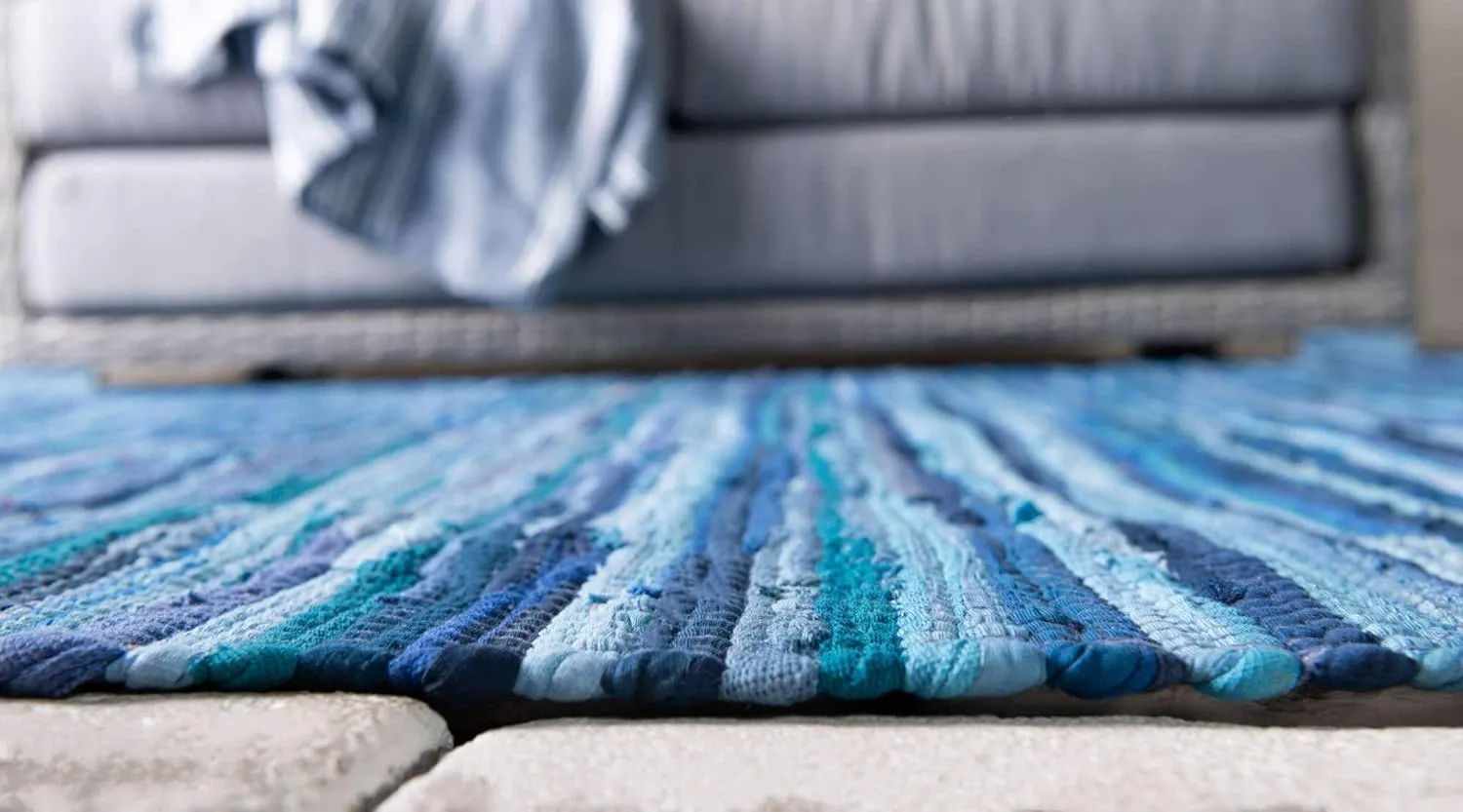 Unique Loom Chindi Cotton Collection Soft Hand Woven Natural Fiber Striped Area Rug, 2 ft 2 in x 6 ft 7 in, Navy Blue/Ivory