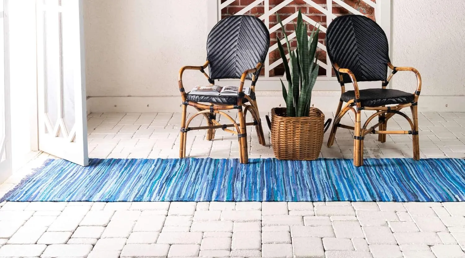 Unique Loom Chindi Cotton Collection Soft Hand Woven Natural Fiber Striped Area Rug, 2 ft 2 in x 6 ft 7 in, Navy Blue/Ivory