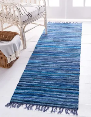 Unique Loom Chindi Cotton Collection Soft Hand Woven Natural Fiber Striped Area Rug, 2 ft 2 in x 6 ft 7 in, Navy Blue/Ivory