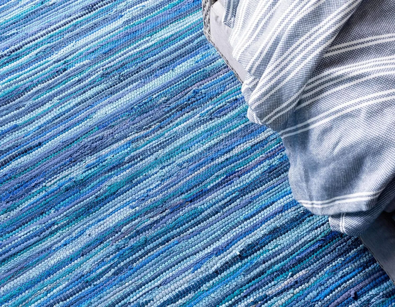 Unique Loom Chindi Cotton Collection Soft Hand Woven Natural Fiber Striped Area Rug, 2 ft 2 in x 6 ft 7 in, Navy Blue/Ivory