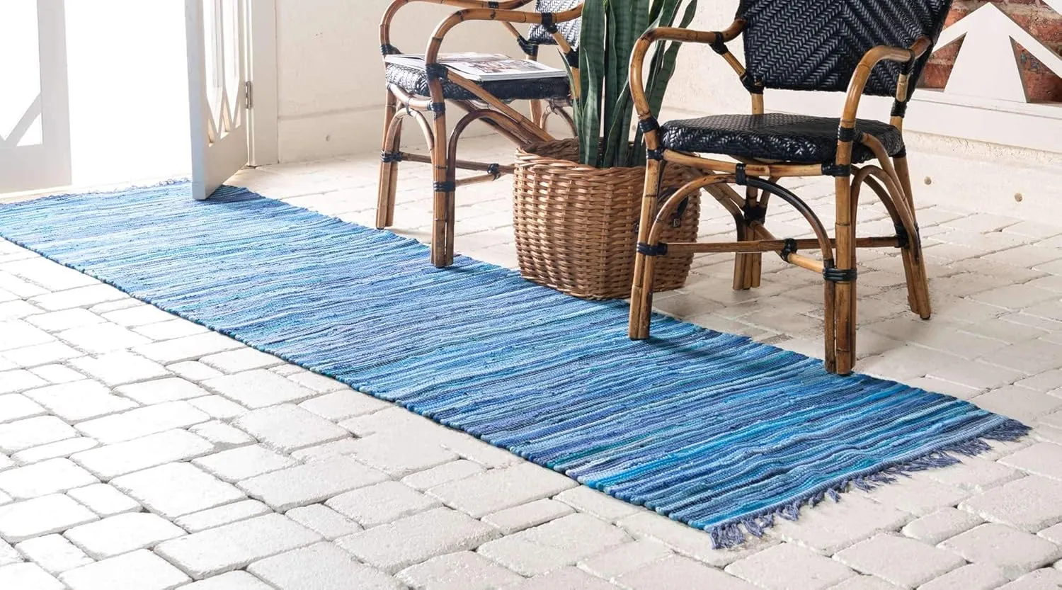 Unique Loom Chindi Cotton Collection Soft Hand Woven Natural Fiber Striped Area Rug, 2 ft 2 in x 6 ft 7 in, Navy Blue/Ivory