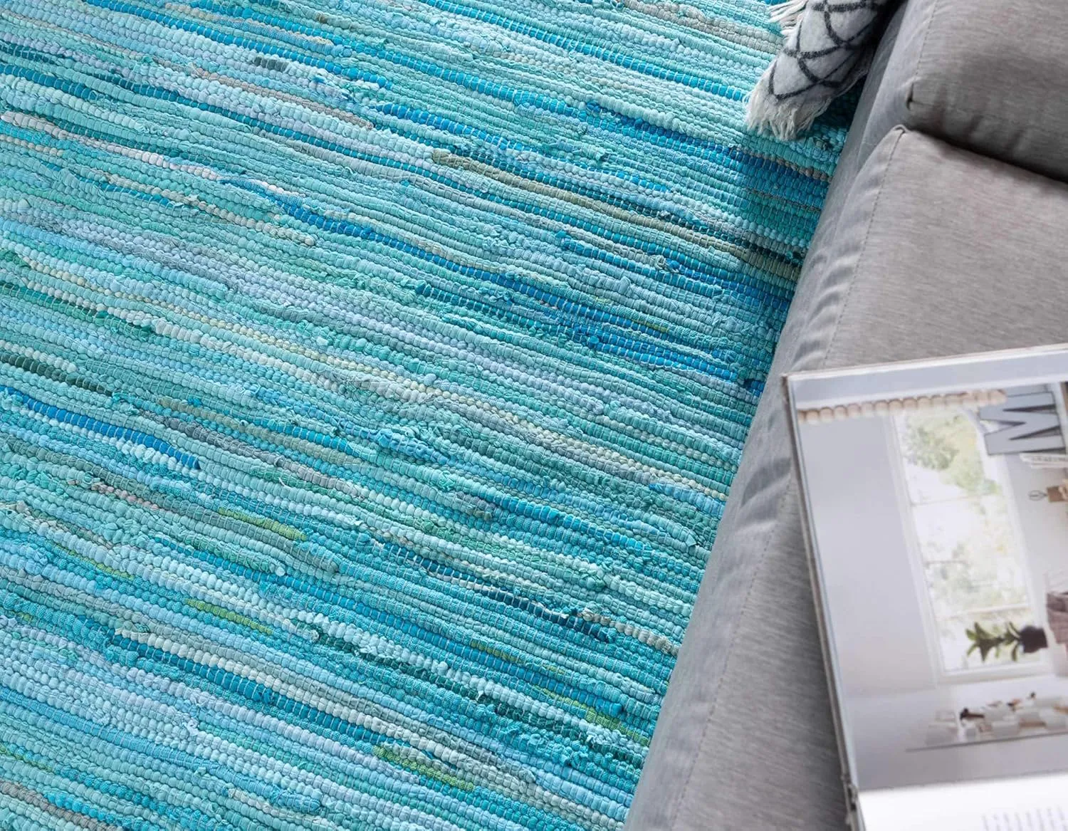 Unique Loom Chindi Cotton Collection Soft Hand Woven Natural Fiber Striped Area Rug, 2 ft 2 in x 6 ft 7 in, Turquoise/Ivory