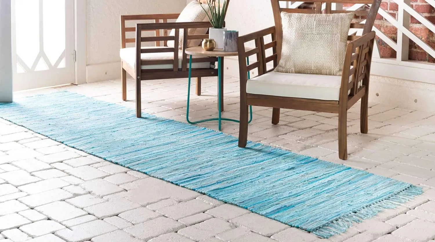 Unique Loom Chindi Cotton Collection Soft Hand Woven Natural Fiber Striped Area Rug, 2 ft 2 in x 6 ft 7 in, Turquoise/Ivory