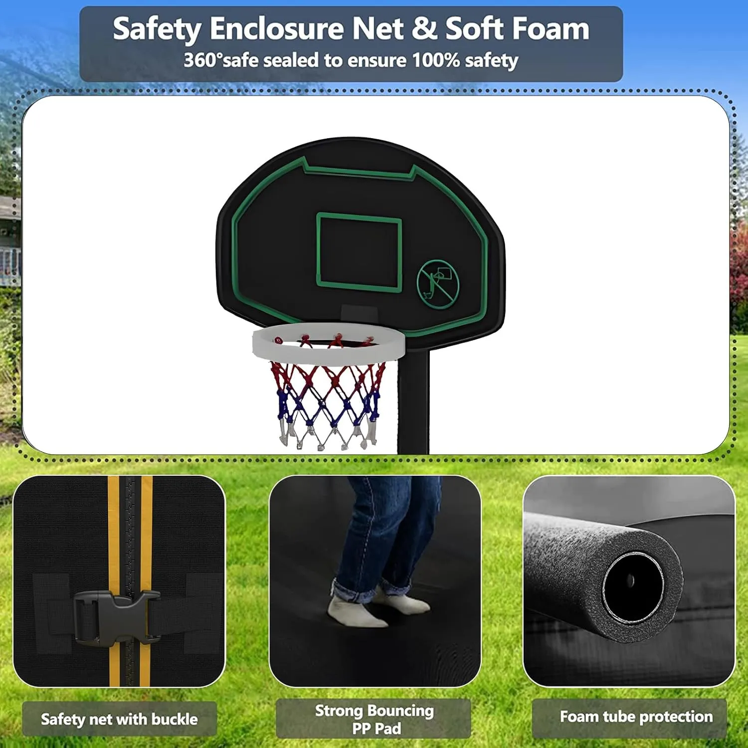 Upgraded 16FT 15FT 14FT 12FT 10FT 8FT Trampoline Outdoor with Basketball Hoop and Net, Capacity for 4-6 Kids and Adults