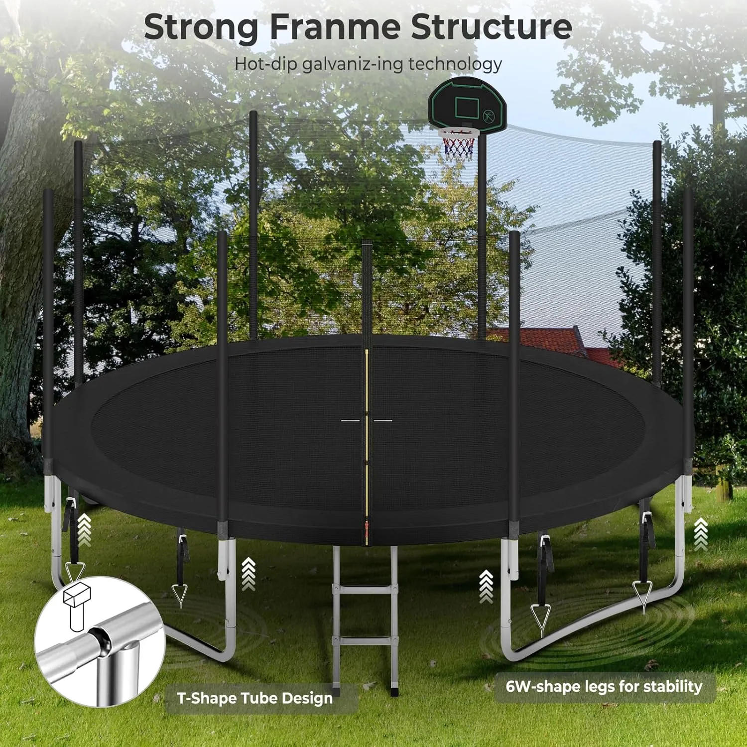 Upgraded 16FT 15FT 14FT 12FT 10FT 8FT Trampoline Outdoor with Basketball Hoop and Net, Capacity for 4-6 Kids and Adults