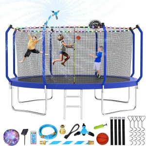 Upgraded Trampoline 8FT/10FT/12FT/14FT With Basketball Hoop, Light, Sprinkler, Stakes - Outdoor Backyard for 4-6 Kids and Adults