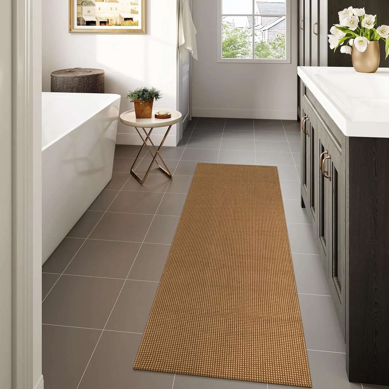 Uphome Kitchen Runner Rug, 2x6 Machine Washable Boho Runner Rug, Low Pile Woven Cotton Farmhouse Rug Runners for Hallway Non Slip, Stain Resistant Runners for Entryway Bedroom Kitchen Floor, Natural