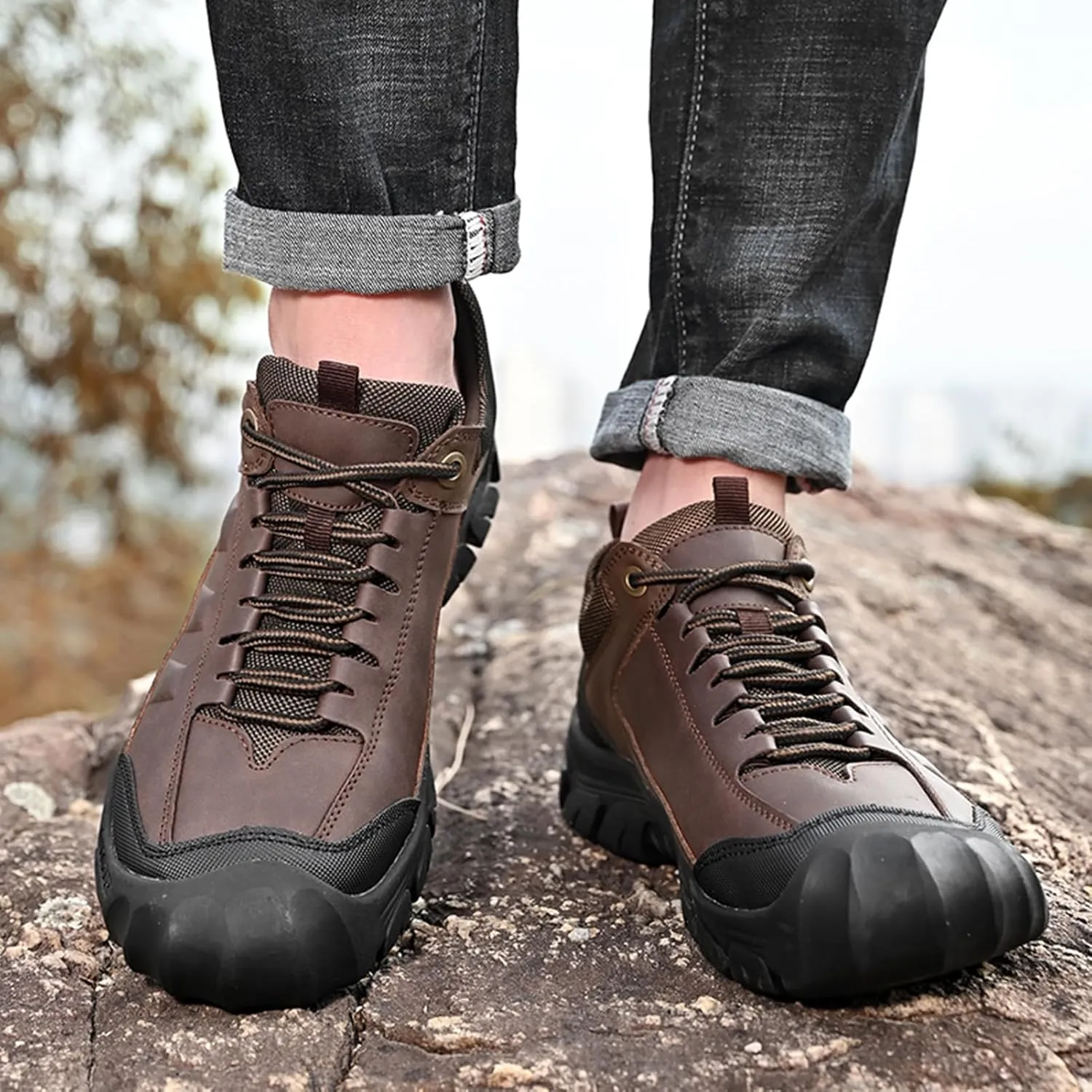 UPIShi Men's Hiking Waterproof Leather Outdoor Breathable Walking Casual Work Shoes