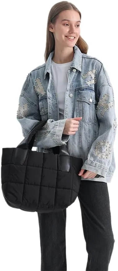 VAKAER Tote Bag with Zipper, Puffer Bag Women Padded Purse with Adjustable Strap Shoulder Crossbody Bag for Travel Work Gym