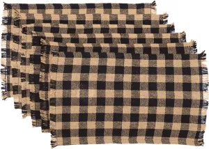 VHC Brands, Burlap Black Check, Cotton, 12x18, Fringed, Placemat, Set of 6, Black