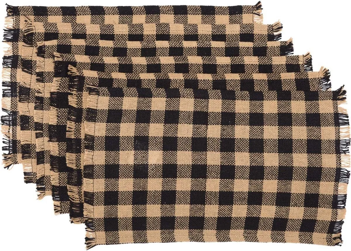 VHC Brands, Burlap Black Check, Cotton, 12x18, Fringed, Placemat, Set of 6, Black