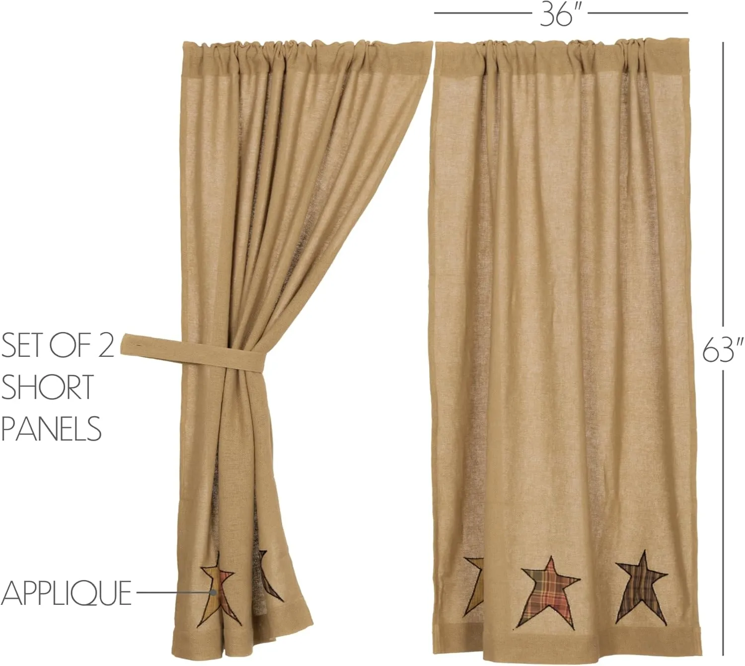 VHC Brands Stratton Primitive 63"x36" Burlap Star Panel Pair Tan Rod Pocket Appliqued Cotton Tie Back(s) Window Curtains