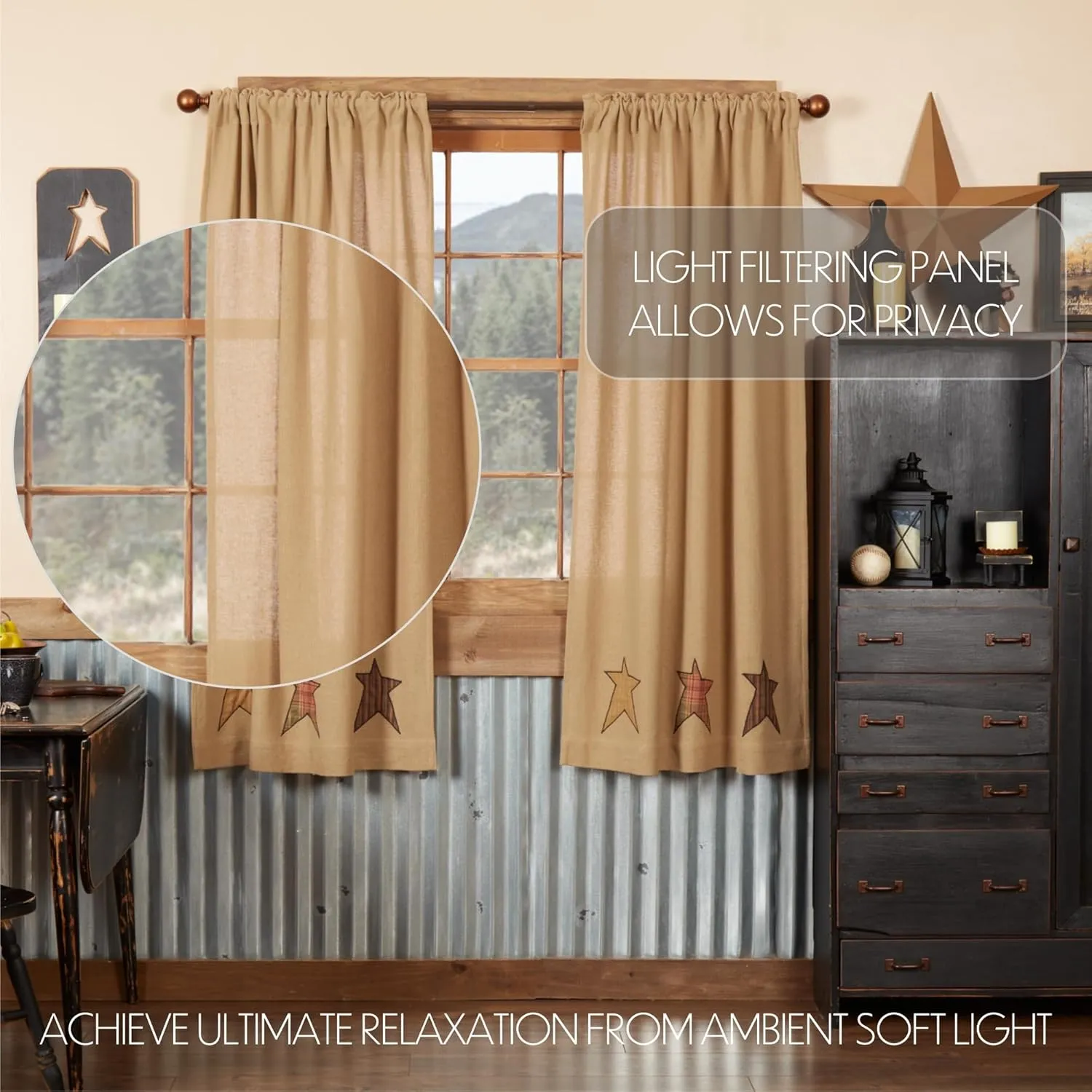 VHC Brands Stratton Primitive 63"x36" Burlap Star Panel Pair Tan Rod Pocket Appliqued Cotton Tie Back(s) Window Curtains