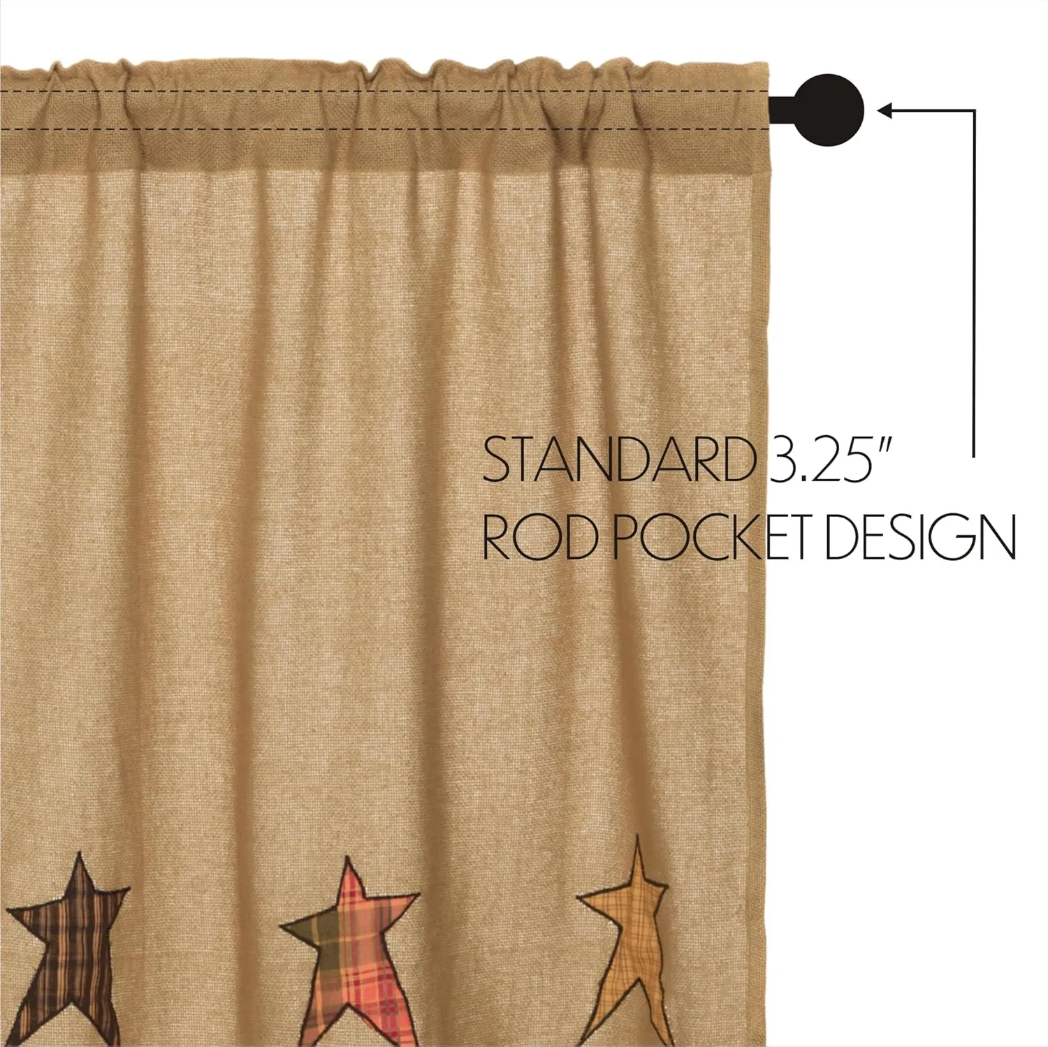 VHC Brands Stratton Primitive 63"x36" Burlap Star Panel Pair Tan Rod Pocket Appliqued Cotton Tie Back(s) Window Curtains