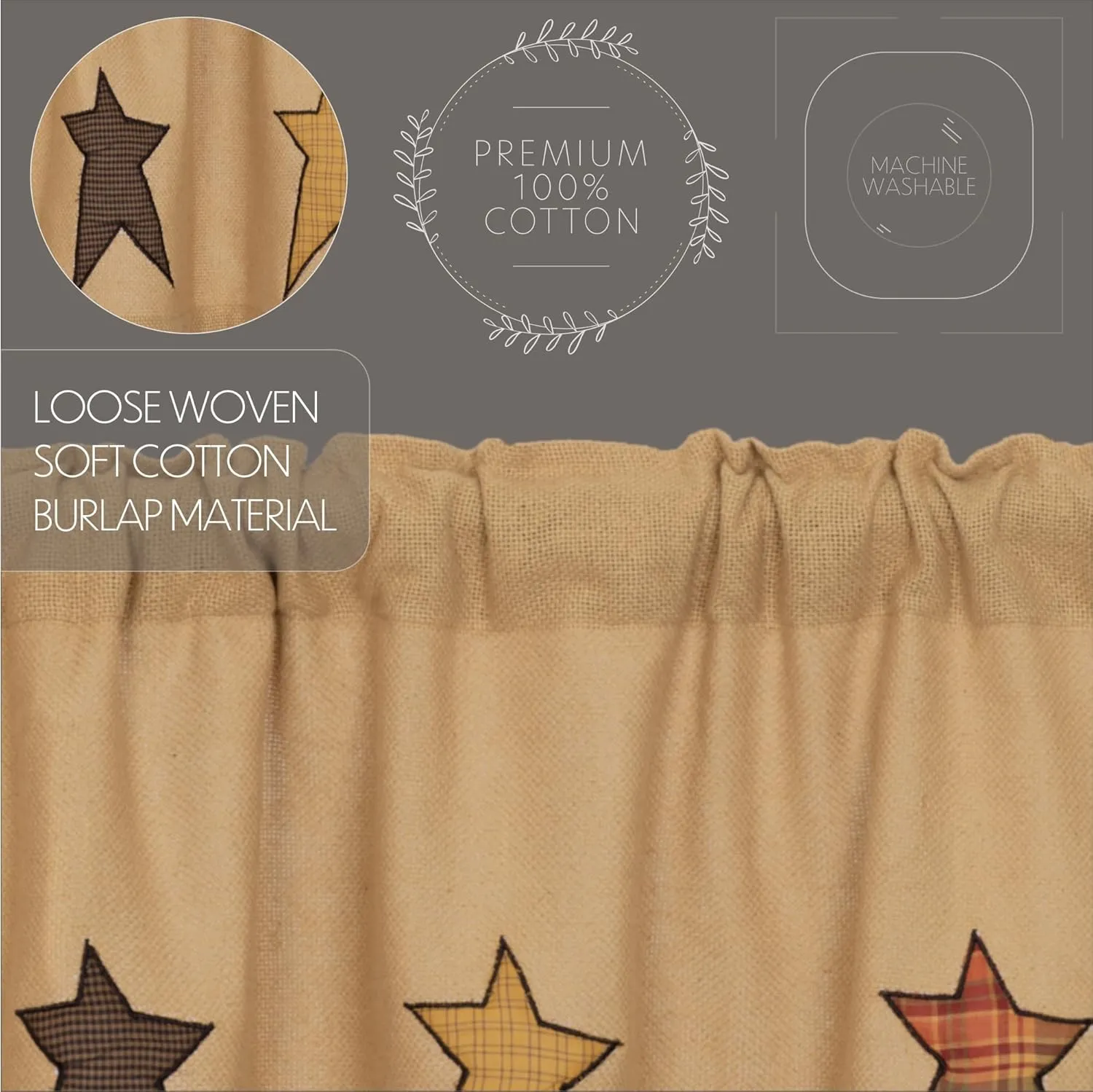 VHC Brands Stratton Primitive 63"x36" Burlap Star Panel Pair Tan Rod Pocket Appliqued Cotton Tie Back(s) Window Curtains