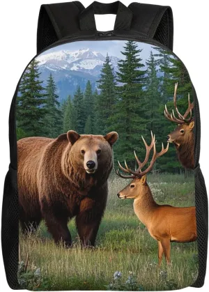 Vintage Bear Deer Country Wildlife Elk Forest Animals Travel Laptop Backpack Waterproof Lightweight Cute Backpack For Women Men Casual Daypack