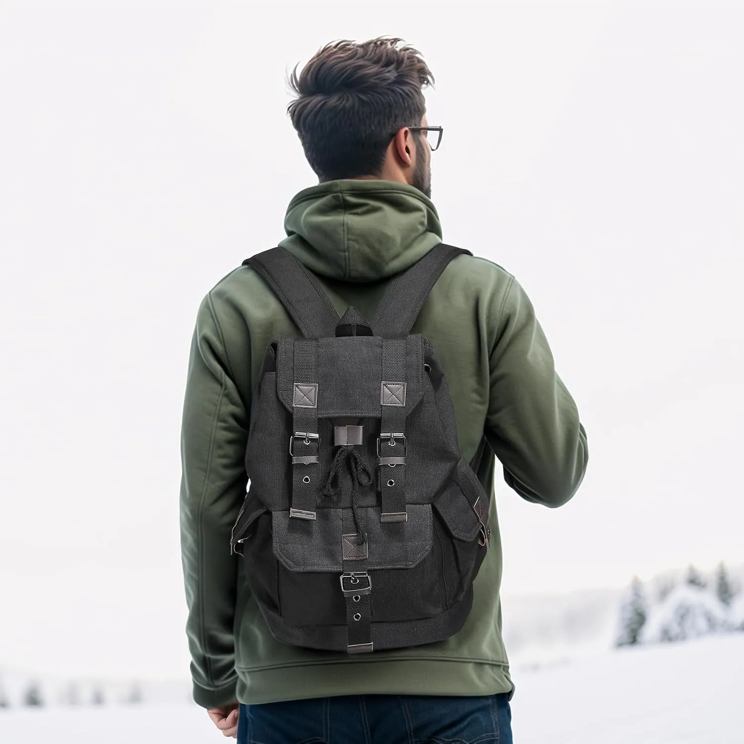 Vintage Canvas Backpack for Men Women, Durable Casual Daypack, Large Capacity Travel Rucksack Fits for Hiking and Daily Use (Black)