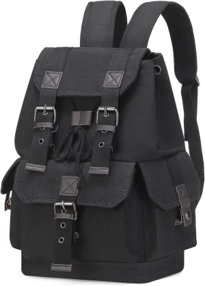 Vintage Canvas Backpack for Men Women, Durable Casual Daypack, Large Capacity Travel Rucksack Fits for Hiking and Daily Use (Black)