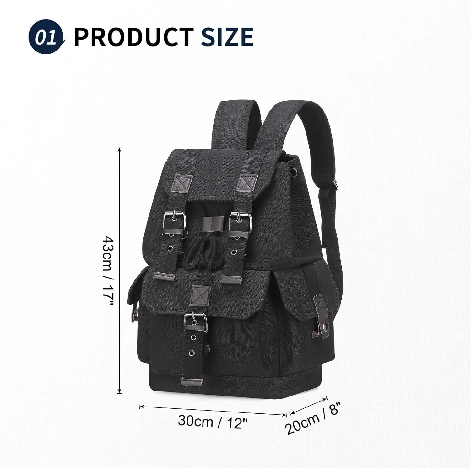 Vintage Canvas Backpack for Men Women, Durable Casual Daypack, Large Capacity Travel Rucksack Fits for Hiking and Daily Use (Black)
