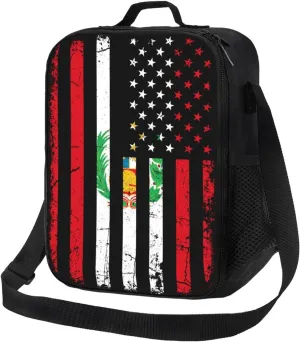Vintage Peru Peruvian American Flag Lunch Bag Insulated Lunch Box Portable Crossbody Bags Cooler Tote Bag Adjustable Meal Organizer with Side Pocket for Picnic Work