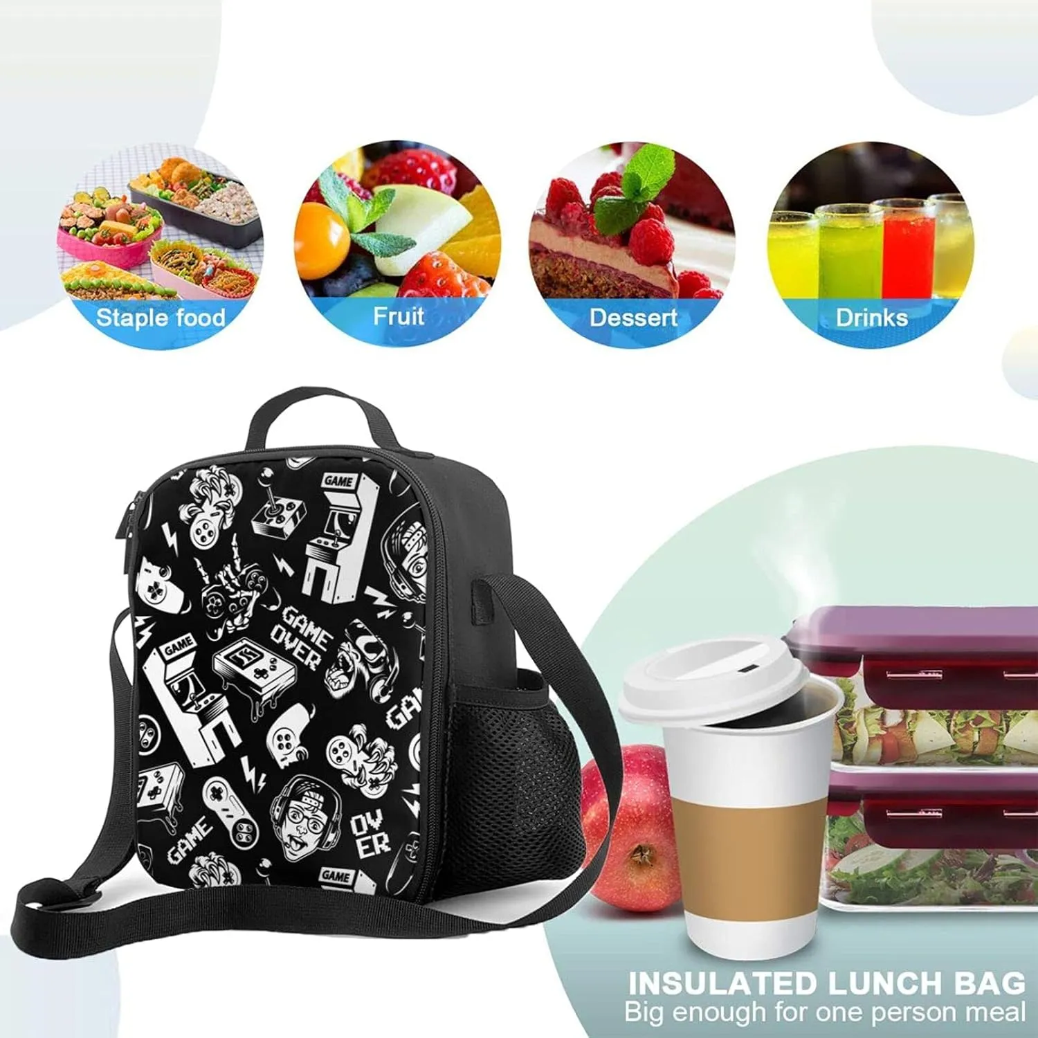 Vintage Video Game Insulated Lunch Bag Reusable Tote Bag Lunch Box Food Container For Men Women Kids