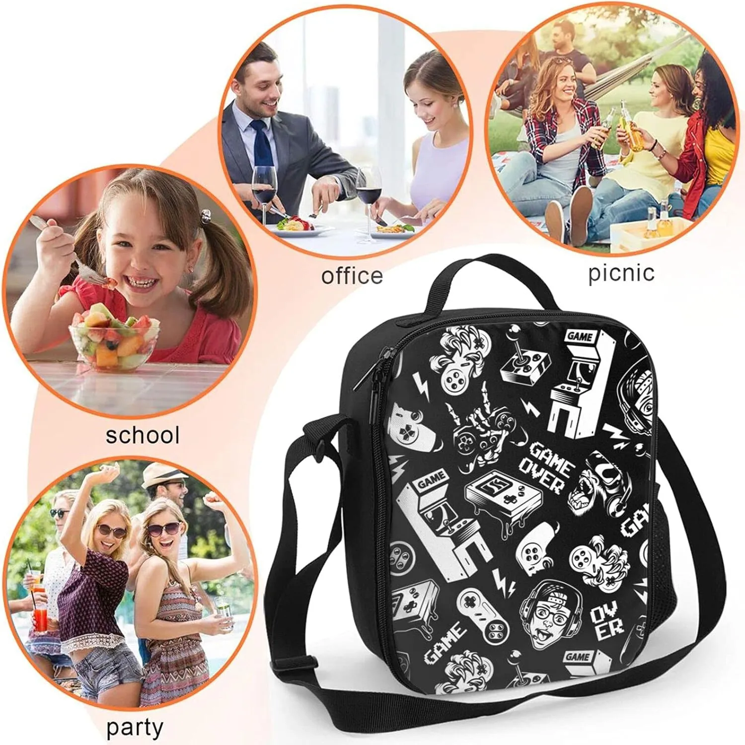 Vintage Video Game Insulated Lunch Bag Reusable Tote Bag Lunch Box Food Container For Men Women Kids