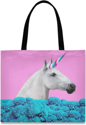 visesunny Women's Large Canvas Tote Shoulder Bag Unicorn With Colorful Horn Top Storage Handle Shopping Bag Casual Reusable Tote Bag for Beach,Travel,Groceries,Books